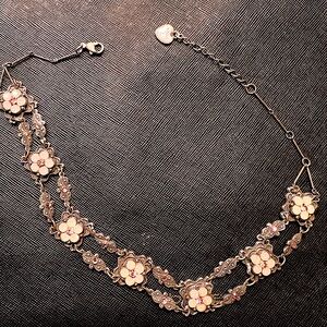 Vintage Floral Pendant Necklace Pink Crystals & Marcasites; Sterling Silver